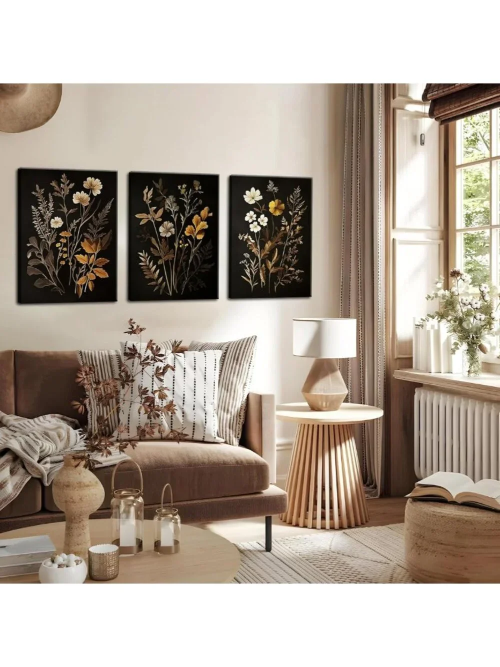 Vintage Black Floral Wall Art Set of 3, Botanical Canvas Prints for Home Decor